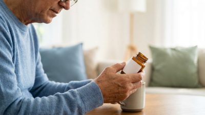 Elderly person's hands hold a generic pill bottle. Blurred profile suggests contemplation in a calm, well-lit home setting.
