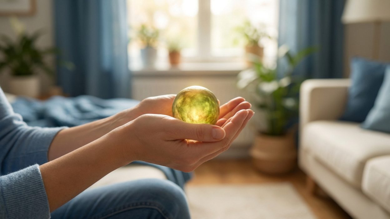 Hands gently cupping a glowing sphere in a warm, naturally lit home. Symbolizes care, well-being, and optimism for chronic conditions.