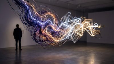 Abstract glowing sculpture symbolizing thought patterns, from chaotic blues/purples to organized warm whites, observed by a person.