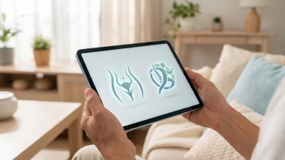Hands hold a tablet showing abstract icons: one for urology (pelvic area) and one for physiotherapy (spine/person). Serene, bright room.