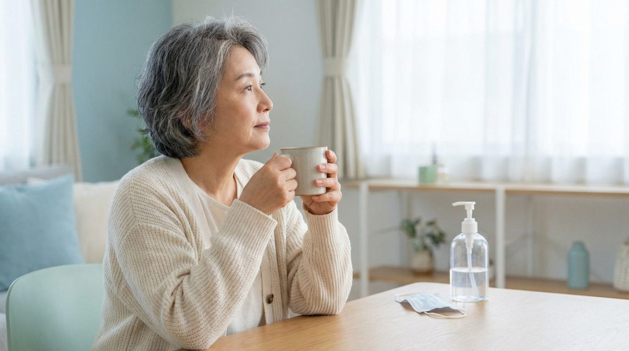 An older woman sips tea in a bright, clean home, with hand sanitizer and a mask nearby, embodying calm self-care.