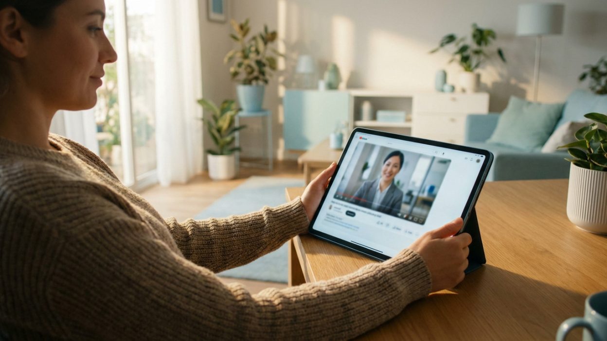A calm woman engages in a virtual consultation on a tablet in a bright, modern living room, conveying ease and modern healthcare.