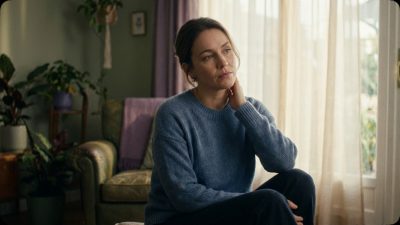 A woman in a blue sweater sits by a window, touching her neck, lost in thought. Soft light illuminates a serene room with muted green walls.