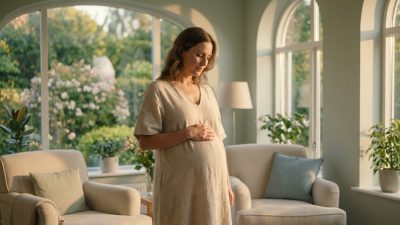 A serene woman, 30s-40s, stands in a sunlit room, hand gently on her rounded abdomen, head tilted down. Tranquil garden view.