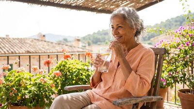 Smiling older woman relaxed on a shaded balcony, sipping iced water. Vibrant flowers and sunny landscape in background.